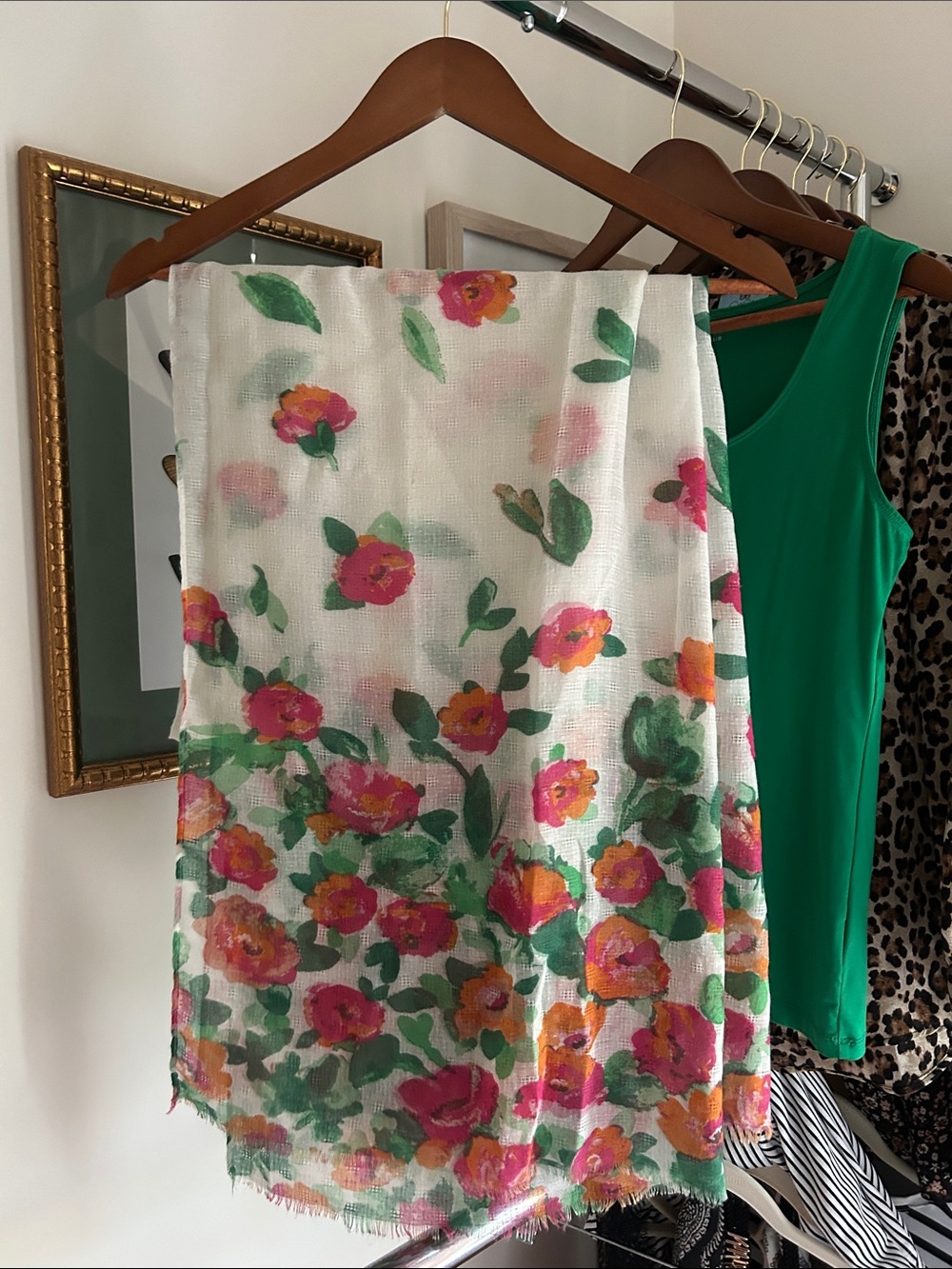 Floral Print White summer spring scarf  with Pink & Green Blooms